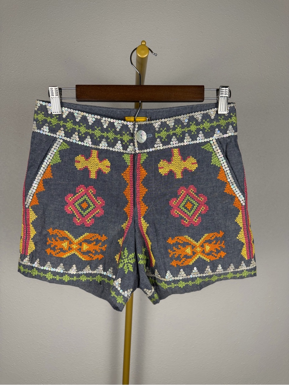 Filip + Inna Pilar Chambray Embroidered Sequin Shorts XS Artisan